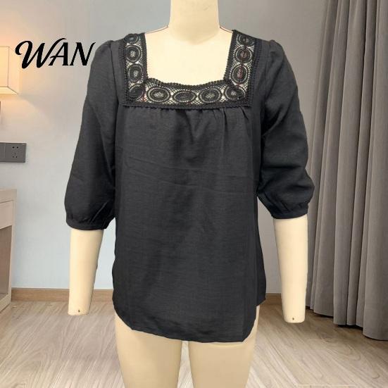 Skin-friendly Fabric Shirt Women Square Collar 3/4 Sleeve Pure Color Casual Loose Fit Tops Blouse Lace Splicing Summer Breathable
