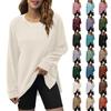 Women's Fashion Solid Color V-Neck Side Split Round Neck Pullover Long Sleeve Top Sweatshirt