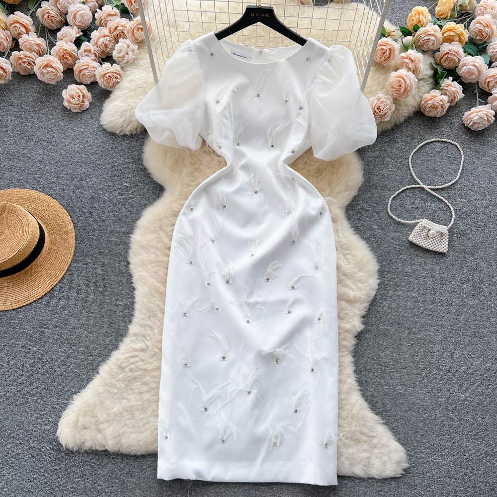 Women High Quality Beading Party Dress Summer Puff Short Sleeve Feather Design Slim Sundress French Vintage Split Midi Pencil Dress