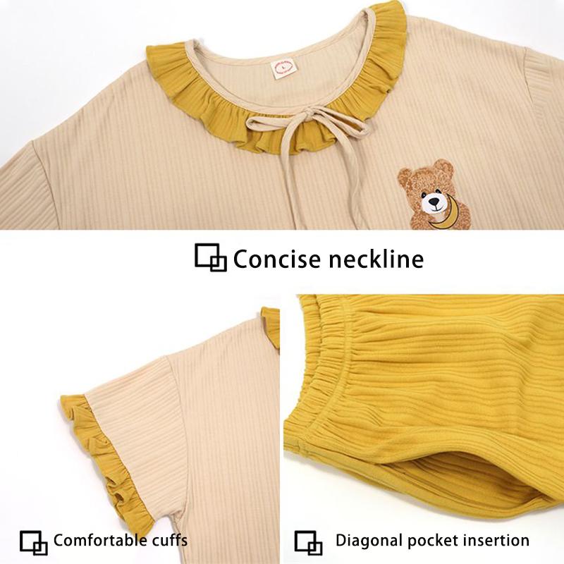 Capris Short Sleeved Pajamas for Women In Summer Cotton Cartoon Cute Casual Home Clothing Set