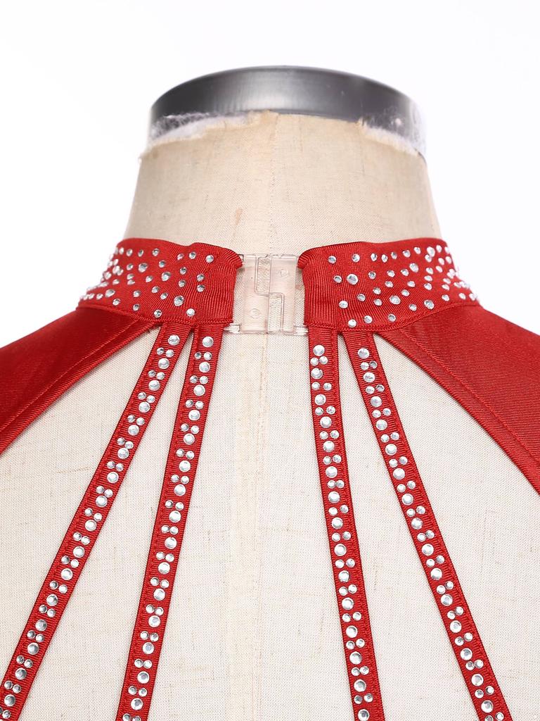 Женский костюм для фигурного катания Прозрачная сетчатая накладка Вырез на спине Без рукавов Платье с блестящими стразами Аппликация Танцевальная одежда