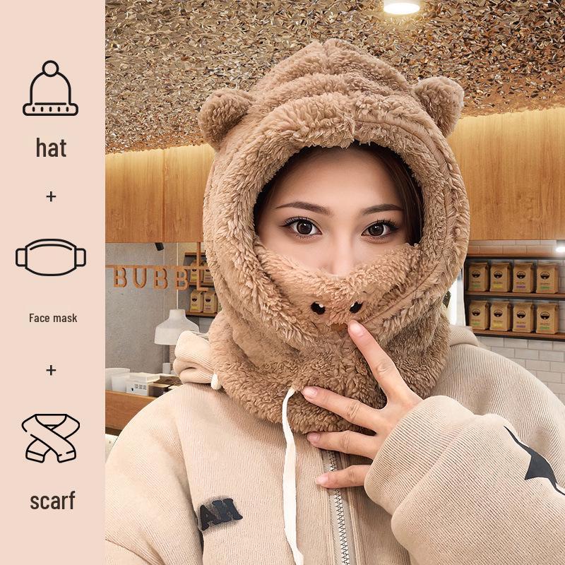 Новый женский цельный капюшон и шарф: Плюс Бархат, Утолщенный, Теплый, Плюшевый, Зимний Холод и Защита Ушей, Грелка для Шеи, Милый Дизайн.
