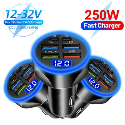 250 Вт 6 портов автомобильное зарядное устройство быстрая зарядка PD QC3.0 USB C автомобильное зарядное устройство для телефона адаптер типа C в машину для iPhone Samsung Huawei Xiaomi