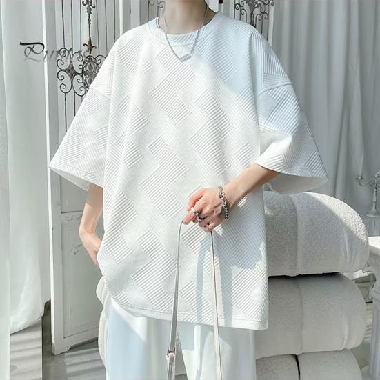 Летняя мужская футболка с круглым вырезом, свободная средней длины, сплошной цвет, вафельная текстура, плюс размер, половина рукава, уличная одежда в японском стиле, топ на открытом воздухе