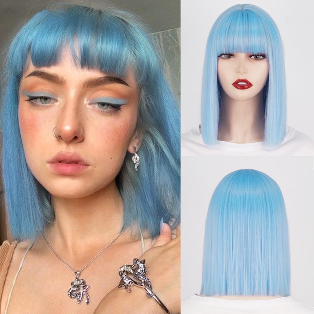 MISS WIG Короткие синтетические парики боб с челкой для женщин, парики блондинки, черные, синие волокна, натуральные волосы для косплея в стиле Лолиты, вечерние, повседневное использование