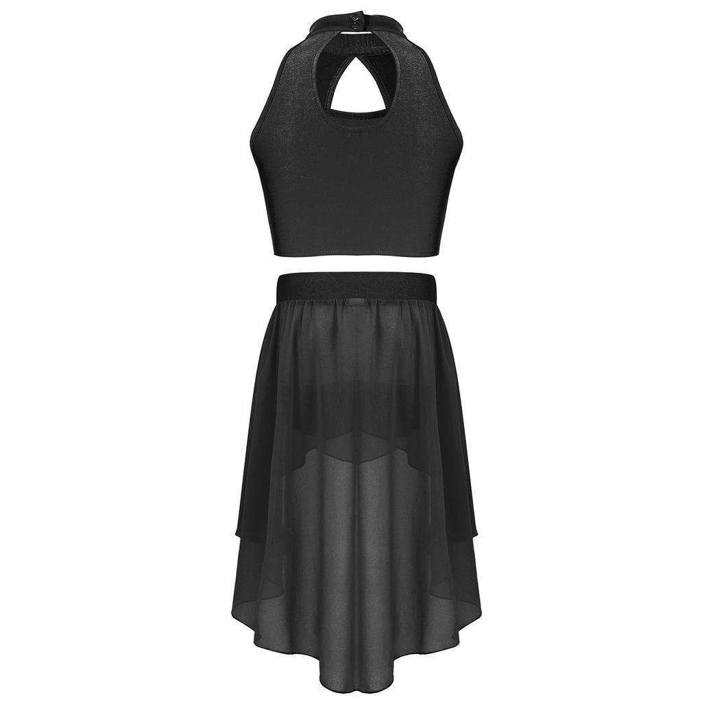 Kids Two Piece Performance Costume Sequin Crop Top Hollow Front Keyhole Back Irregular Chiffon Skirt Dance Outfit Set