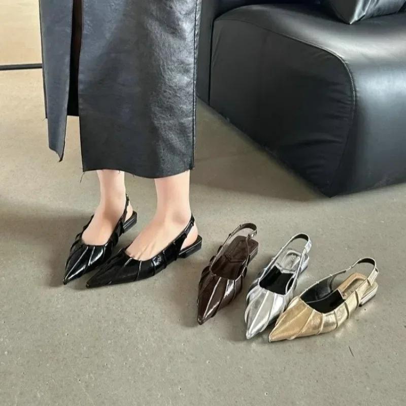 Fashion 2024 New Spring and Summer Fold Half Drag Flat Shallow Mouth Pointed Sandals Soft Flat Shoes Women's Single Shoes