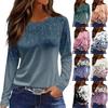 Women's Fashion Casual Slit Hem Round Neck Long Sleeve Loose Printed T-Shirt Ladies Top