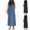 Женское модное однотонное платье макси с круглым вырезом, без рукавов, с карманом, свободное, майка, джинсовое платье