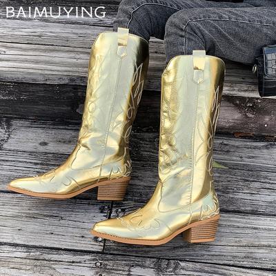 Вышитые массивные женские высокие сапоги с острым носком, дизайнерские туфли на среднем каблуке 2025 года, зимние туфли-лодочки до колена, челси, Botas De Mujer