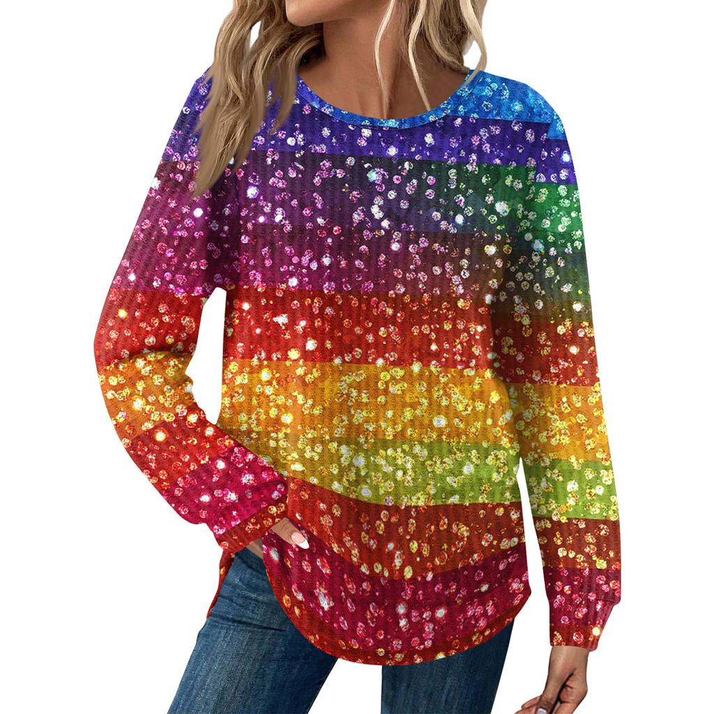 Women's Fashion  Loose Long Sleeve Carnival Print  Round Neck Casual Top