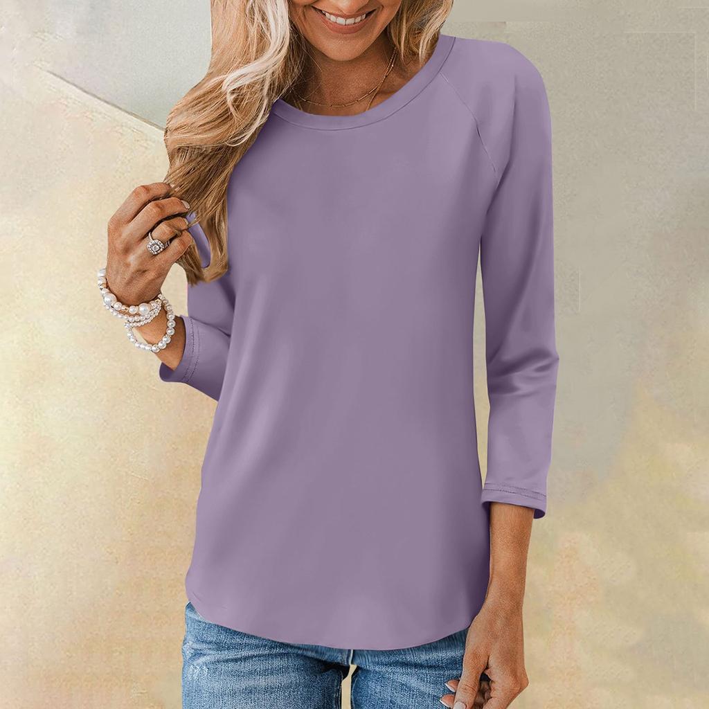 Рубашка для женщин, модная повседневная свободная однотонная футболка с рукавами реглан и круглым вырезом, рукав 3/4, женский топ