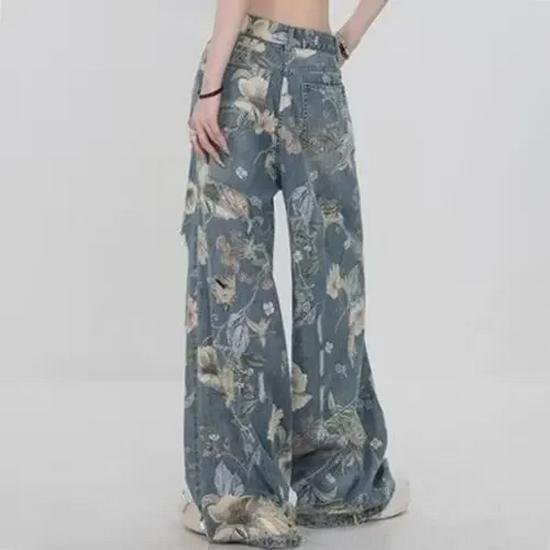 Женские рваные джинсы с высокой талией и цветочным принтом - лето 2024 г., ретро-стиль, тонкие, прямые, широкие, длина до пола.