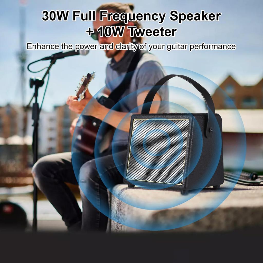 Rowin 30W Electric Guitar Amplifier with OTG and Rechargeable Portable Acoustic Guitar Amplifier with Reverb and Chorus Mic Aux and Headphone Jack for