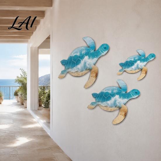 Tropical Wall Decorations 3Pcs Wooden Turtle Art Ocean Theme Hanging Ornaments for Bathroom Beach Style Living Room Bedroom Coastal with Traceless