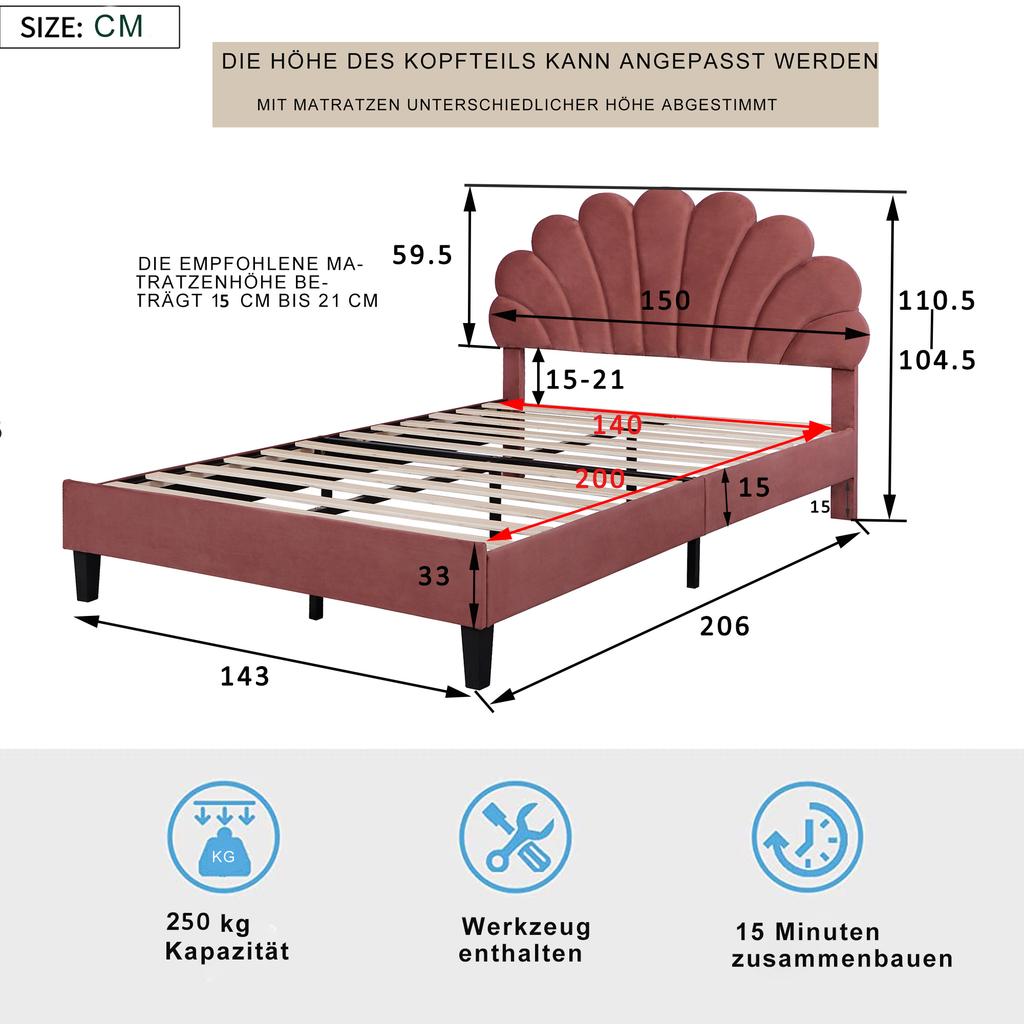 Upholstered Double Bed 140 x 200 cm, Bed Frame with Flower-Shaped Headboard and Slatted Frame, Adult-Youth, Skin-Friendly Velvet, Guest Bed, Bean Red