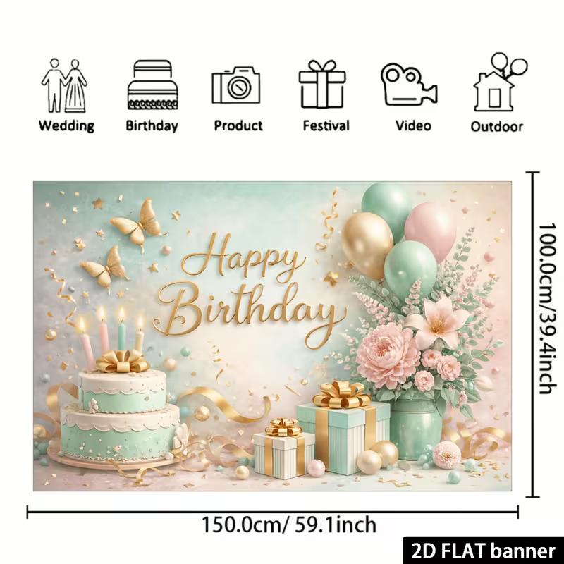 2D FLAT Mint Green Gold Happy Birthday Background Cloth for Party