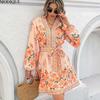 MODIQUE 2025 Summer Plus Size New Women's Casual Sexy Floral Printing Waist Flowing Belt Short Dress Ladies A-Line Hot Lantern Sleeve V-Neck Dress
