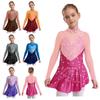 Kids Girls Figure Skating Dance Dress Ballet Leotard Dancewear Mock Neck Long Sleeve Color Block Sheer Mesh Rhinestones Dress
