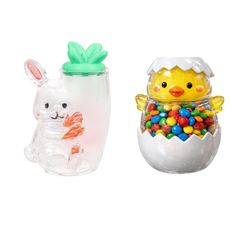 Functional Glass Clear Candy Jar With Easter Rabbit Chick Eggs Sculpture For Storing Sweets And Enhancing Table Setting