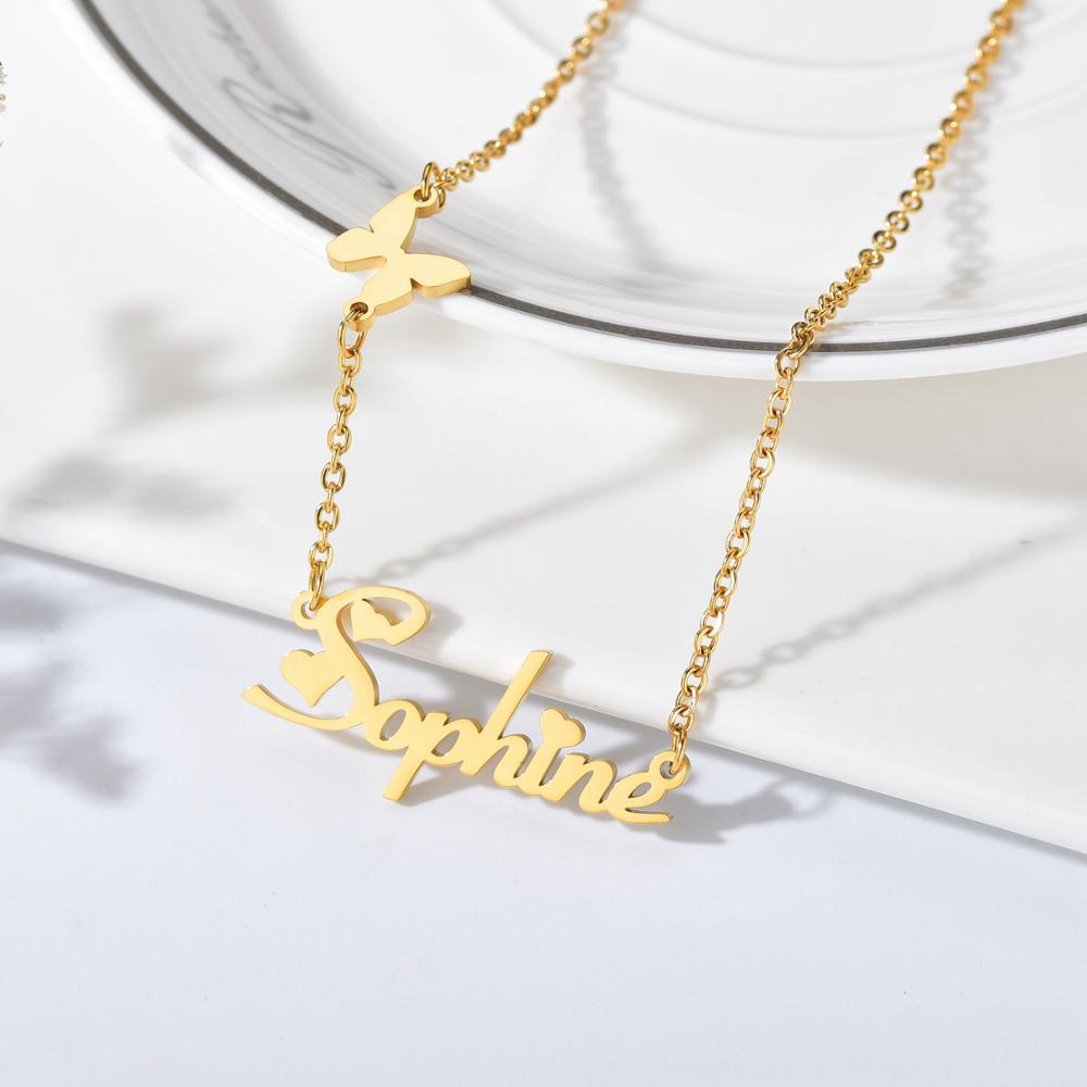Atoztide Customized Fashion Stainless Steel Name Necklace Personalized Letter Gold Crown Butterfly Necklace Pendant Name Gift
