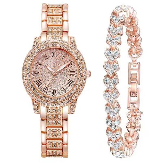 2Pcs/Set Women Quart Watch Shiny Rhinestones Circular Dial High Precision Movement Wristwatch with Bracelet