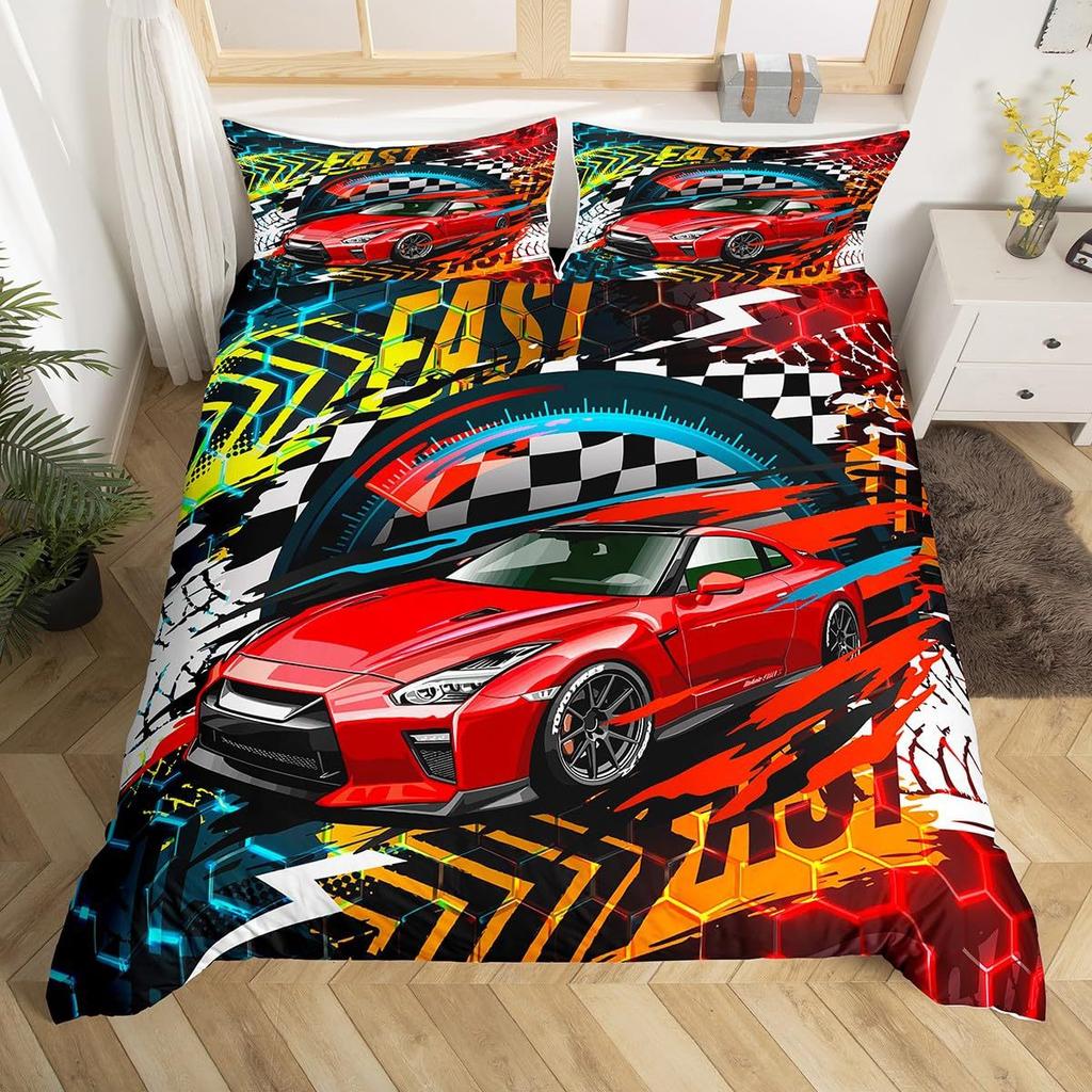 Racing Pattern Digital Printing Quilt Cover Three-Piece Youth Bedding Bedroom Decoration