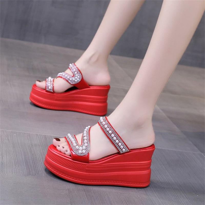 Spring Casual Fashion Thick Sole New Sexy Round Toe Beaded Crystal Solid Color Wedge Sandals Comfortable Women's Slippers