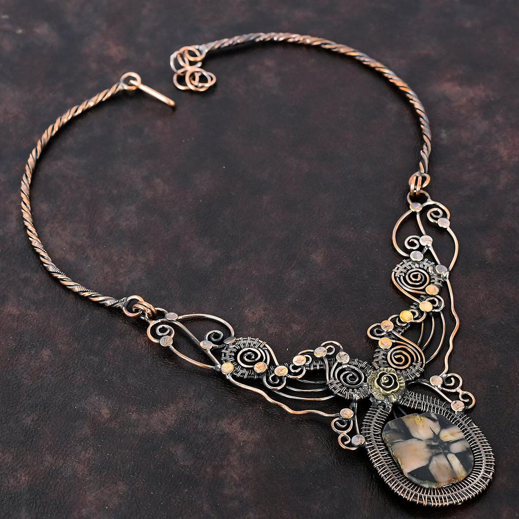 Ожерелье с хиастолитом, обернутое медной проволокой, ожерелье высшего качества, ювелирные изделия из драгоценных камней, регулируемое ожерелье ручной работы, ювелирное изделие из медной проволоки, подарок для нее