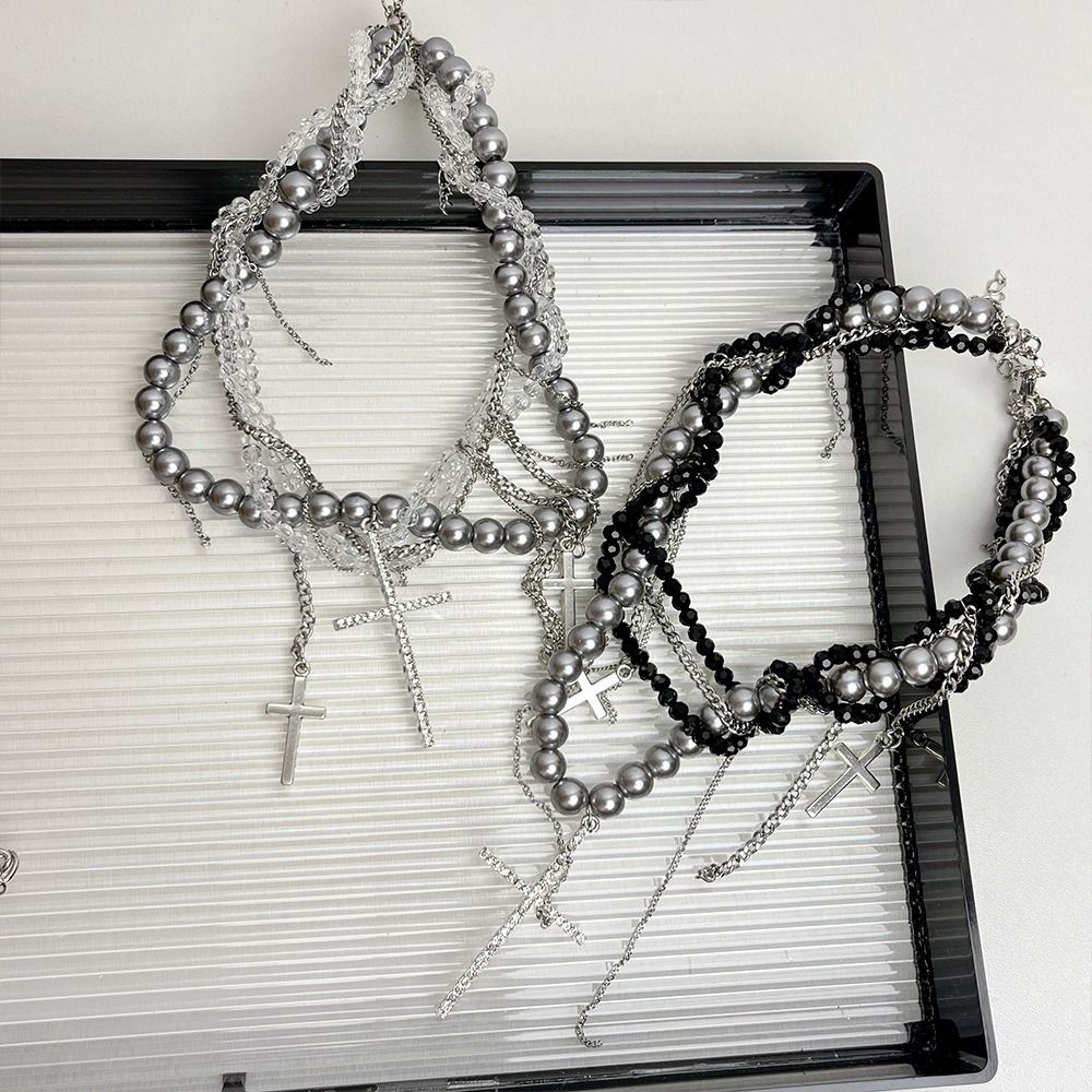 Multi-Layer Pearl Necklace Spice Girl Cross Pendant Necklace New Women's Choker