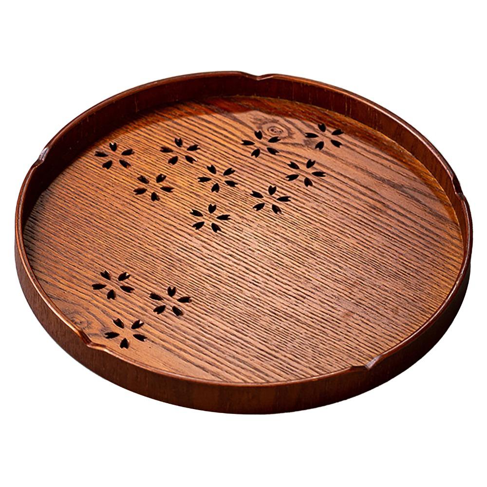Wooden Material Round Tea Tray Round Shape Cherry Blossom Tray Elegant Matcha Tea Tray Coffee Bar