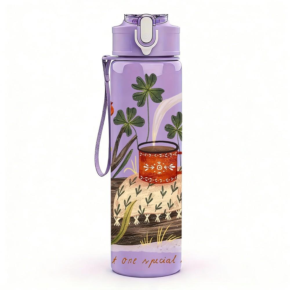 1PC Plant Kettle Illustration 750ml Color Plastic Sports Water Bottle Leakproof Flip Straw Lid Suitable for Sports Office Home Use