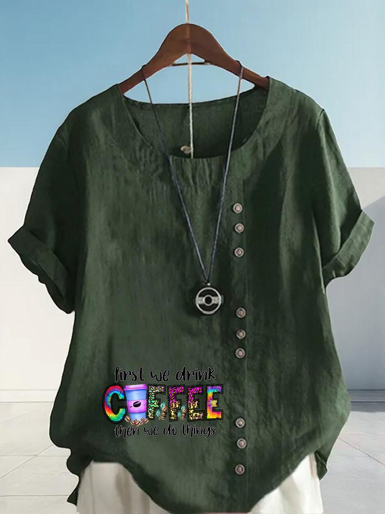 Women's Fashion Coffee Alphabet Print Printing Shot Sleeve T-shirt Loose Cotton Shirt Casual Loose Summer Plus Size Blouse Tops