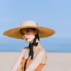 Summer Large Natural Wheat Straw Hats For Women Handmad Wide Brim Beach Visor Caps Elegant Flat Top Long Band Lace-Up Sun Protection Hat