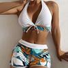 Сексуальные бикини женские летние из двух частей купальник с принтом женский пуш-ап Холтер с рюшами и запахом спереди купальный костюм с высокой талией