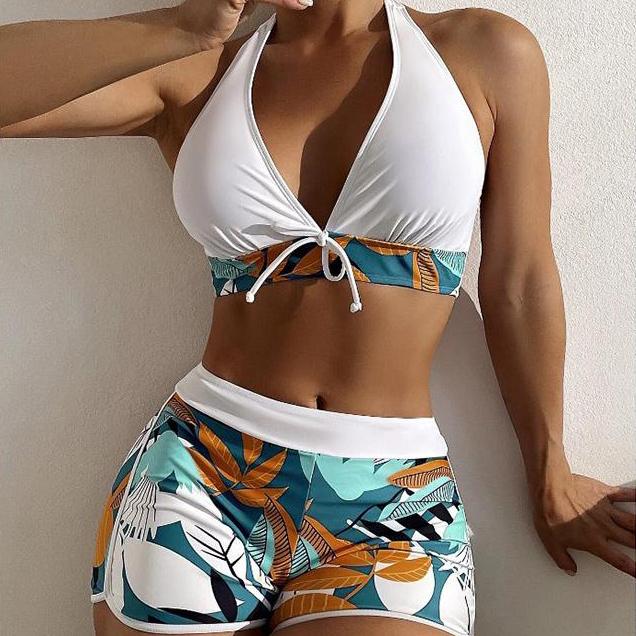 Сексуальные бикини женские летние из двух частей купальник с принтом женский пуш-ап Холтер с рюшами и запахом спереди купальный костюм с высокой талией