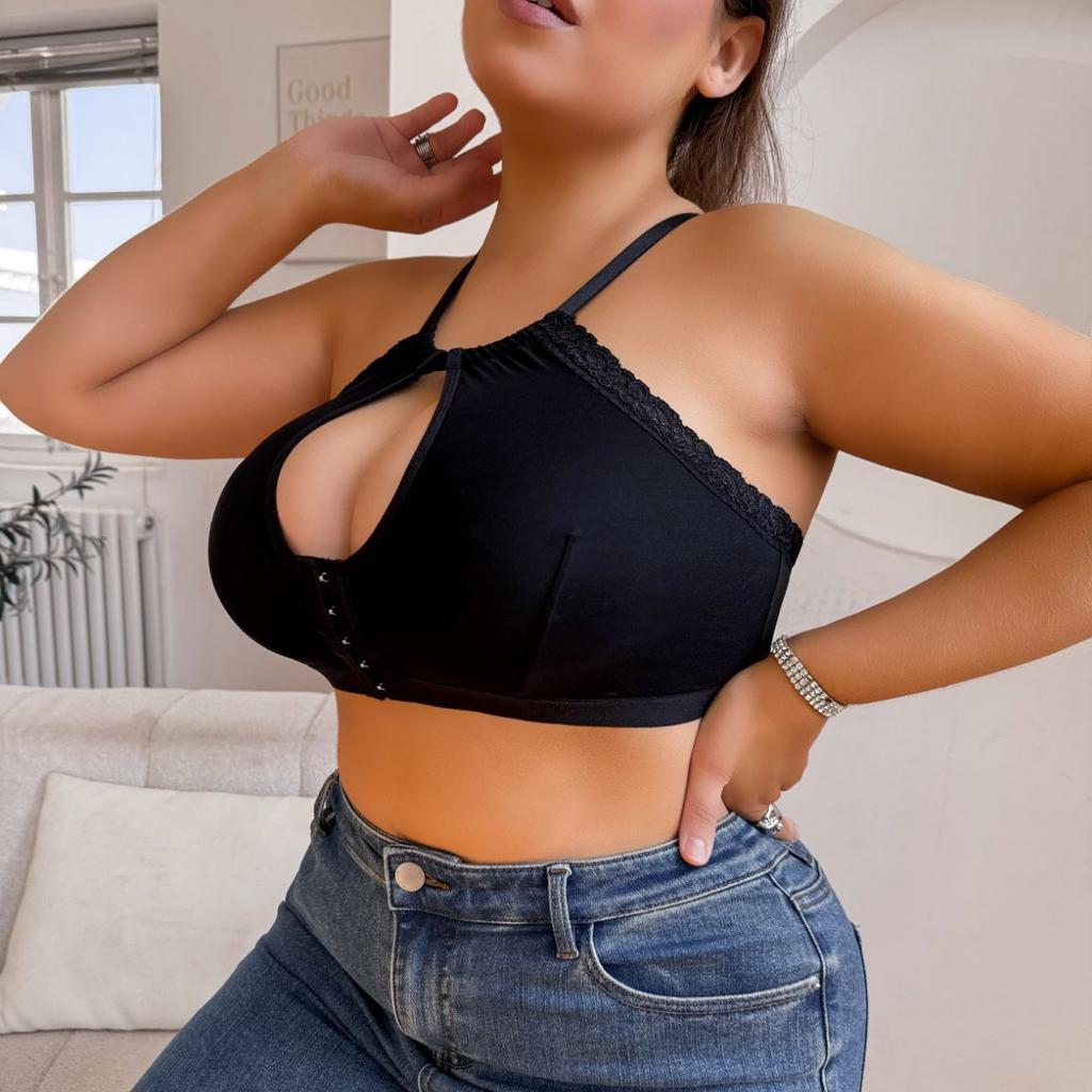 Cross Halter Neck Underwear Sexy Lace Lace Hollow Front Buckle Large Size Bra