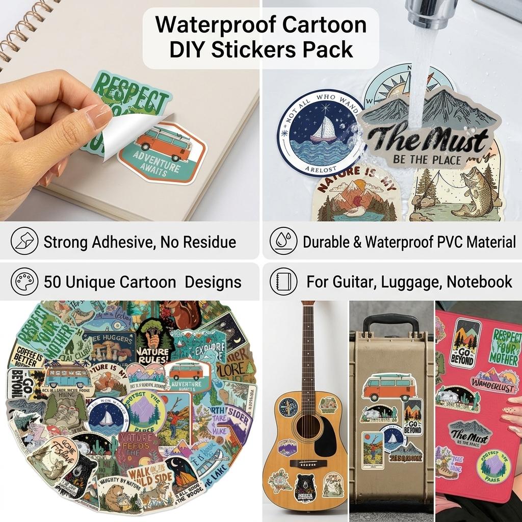 50Pcs Cartoon Waterproof Stickers for Guitar Luggage DIY Decoration Durable PVC Material