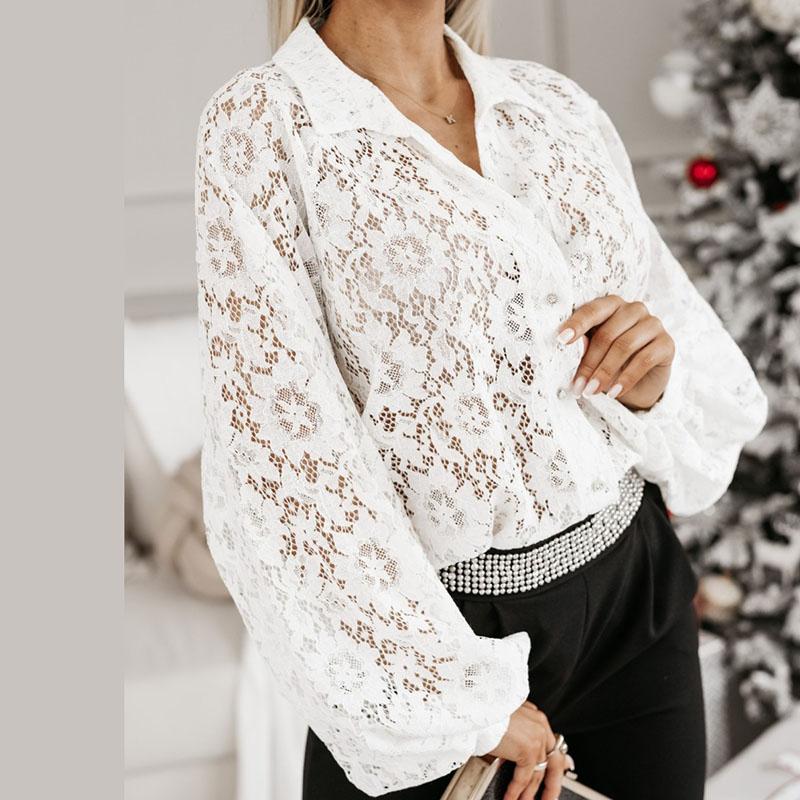 Женская блузка весна-лето с отворотом и рукавом-фонариком, универсальная кружевная рубашка, топ