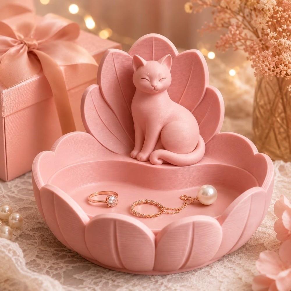 Lotus Shape Trinket Dish Resin Material Desktop Organizer Cat Figurine Holder Vanity Table Decor