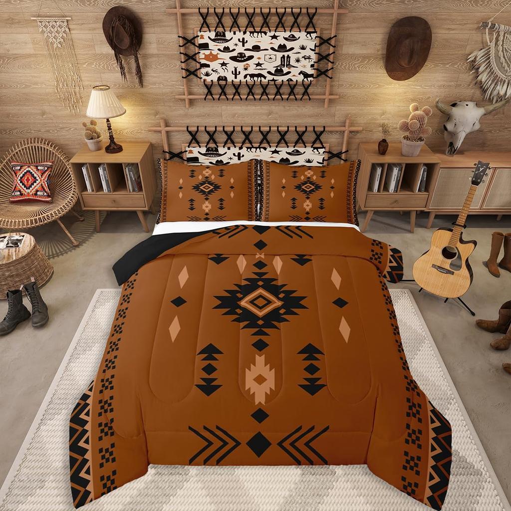 Erosebridal Western Aztec Comforter Set King Size, Boho Farmhouse Bedding Set for Kids Boys Teens Ethnic Southwest Bull Skull Cow Quilt Amer