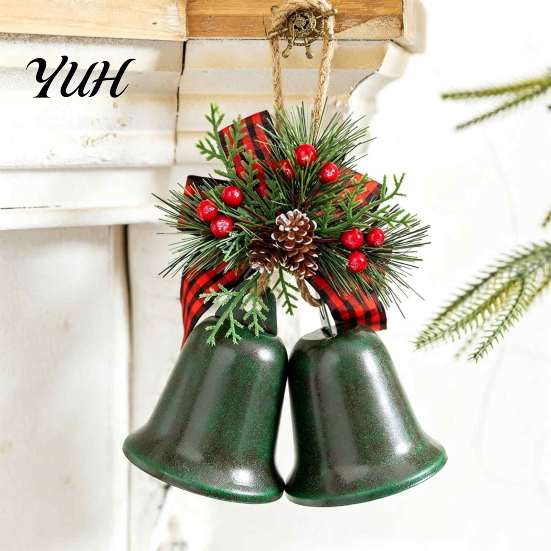 Winter Seasonal Party Supplies Christmas Bell Ornaments, Metal Double Jingle Bells Xmas Tree Hanging Indoor Holiday Scene Arrangement Decoration with