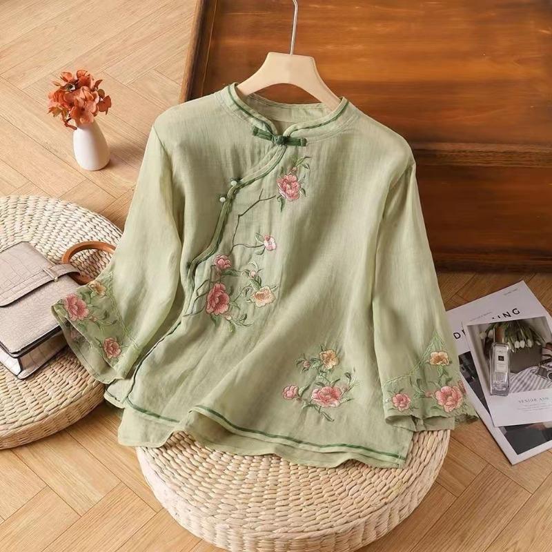 Women S Vintage Chinese Style Linen Cotton 3 4 Sleeve Shirt