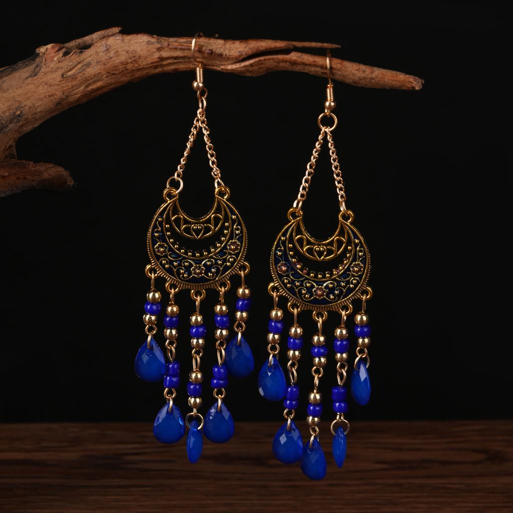 Bohemian Water Drop Bead Fringed Earrings, Premium Long Crystal Earrings, Ethnic Style Retro Personality Versatile Ear Hooks