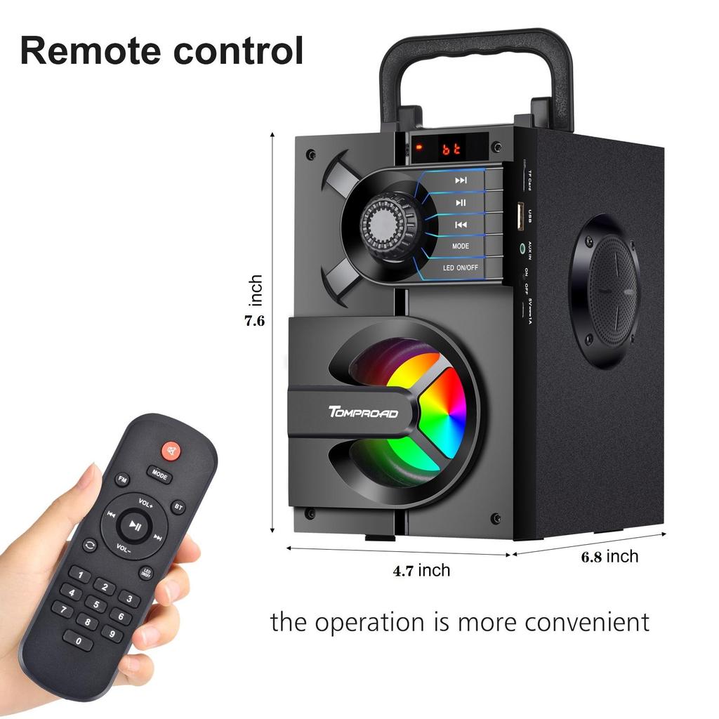 TOPROAD Bluetooth-динамик, портативный беспроводной стереобасовый динамик, сабвуфер, поддержка колонки, FM-радио, RGB-подсветка, пульт дистанционного управления