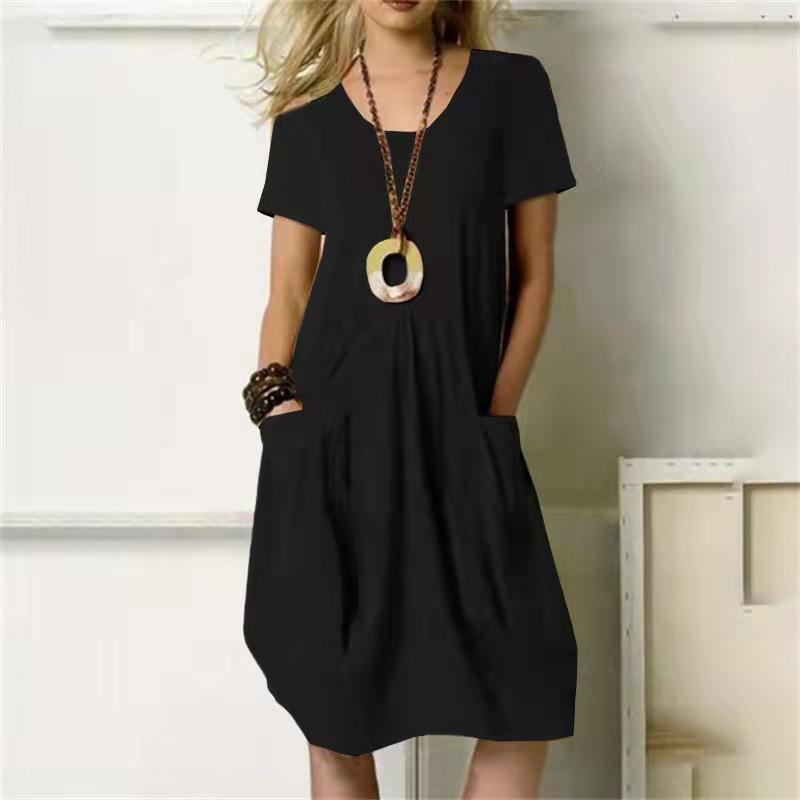 Summer Casual Women's High Waist Dress Short Sleeve Dresses for Female Solid Color Dress Round Necked Dress Loose Dress With Pocket Commuter Dresses