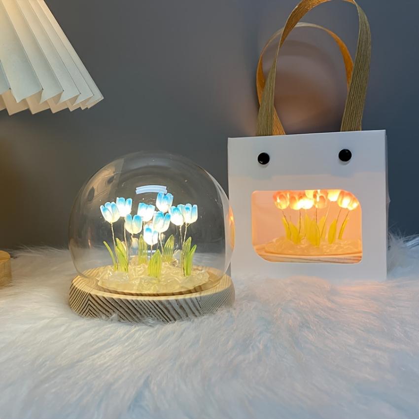 Elegant LED Tulip Decor In Glass Dome - Art Deco Night Light, Ideal for Christmas & Valentine's Day Gift