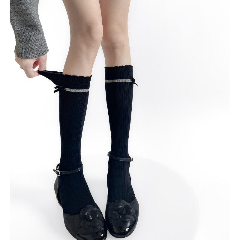 Sweet Style Bow Tie Short Stockings in Gray, with Wooden Ear Decorations To Enhance Leg Shape, Vertical Stripe Tights.
