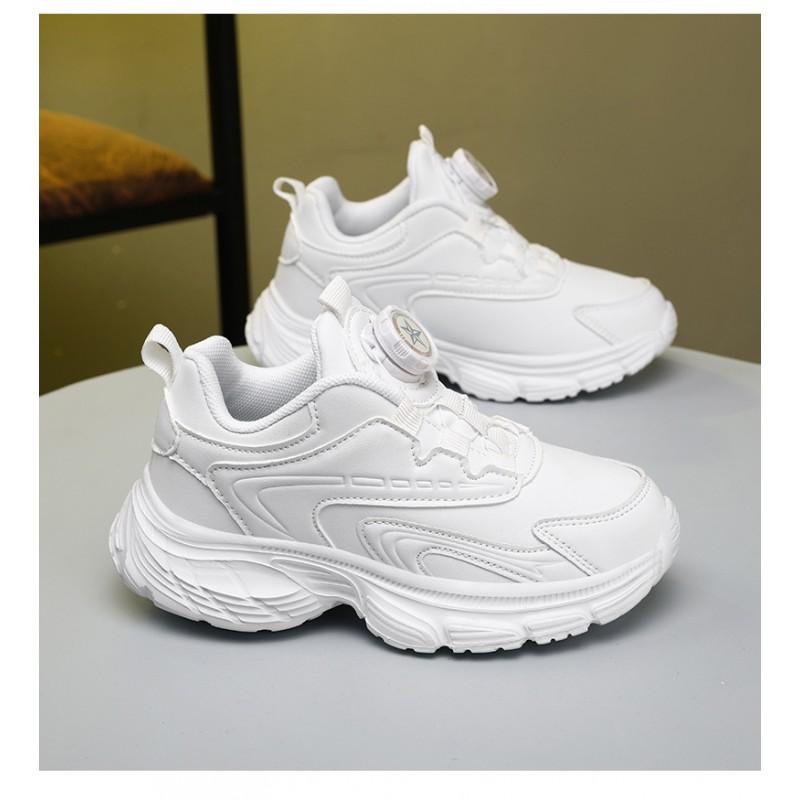 Kids White Black Sneakers School Sports Dance Running Shoes With Rotary Buckle Closure