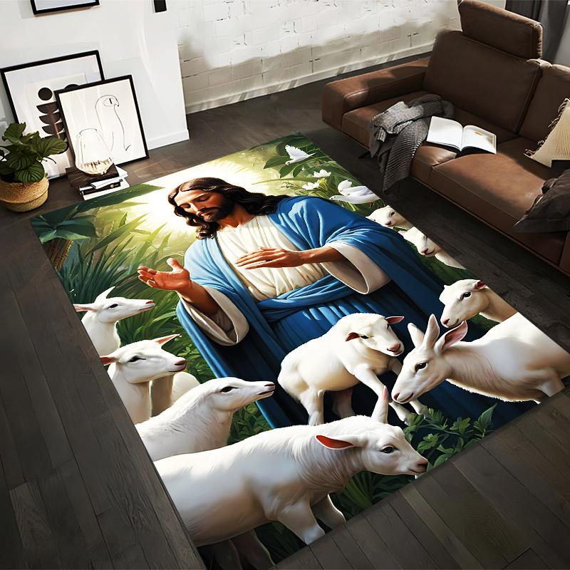 Peaceful Shepherd with Lambs Non-slip rug suitable for living room and bedroom sofas.